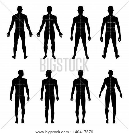 Full length front back man silhouette vector illustration with marked body's sizes lines isolated on white