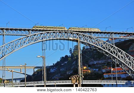 Tram on the bridge of Dom Luiz in Porto