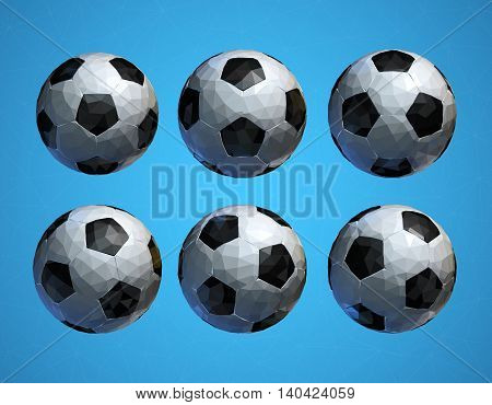 Low poly 3D football soccer ball in six viewing angles on blue background