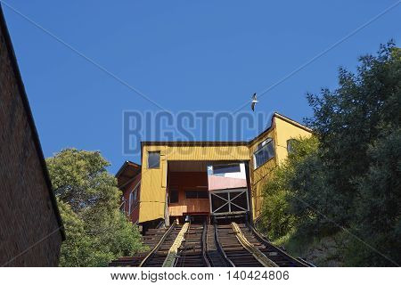Historic funicular (Ascensor Concepcion), constructed around 1880, taking passengers up and down the steep hills of Valparaiso in Chile.
