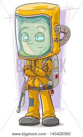 A vector illustration of cartoon scientist in protective gear