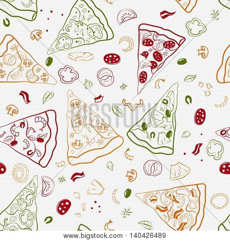Vector seamless texture of image slices of pizza and other ingredients.