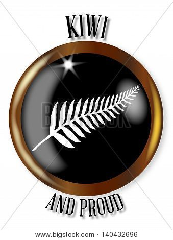 New Zealand icon button with a gold metal circular border over a white background with the text Kiwi and Proud