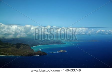 Aerial view of Sandy Beach Rabbit and Rock Islands Makapuu Point Waimanalo Beach Kaheohe clouds and Pacific Ocean on Oahu Hawaii. On a spectacular day.