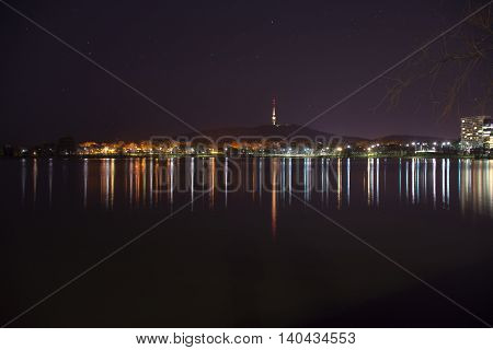 View of Canberra's lights at night time with Black Mountain Telstra tower showing
