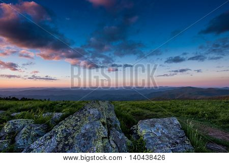 Lichen Covered Rocks at Sunset looking over Blue Ridge mountains