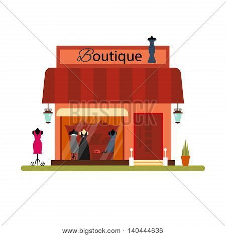 Clothing shop in flat style - vector illustration stock. Infographic elements. Market icon with showcases isolated on white background. Store on the street. Cloth boutique.