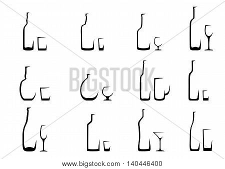 Set of icons bottles with alcohol and glasses