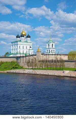 Trinity Cathedral in the Pskov Kremlin, sunny may day. The view from the Velikaya river, Russia