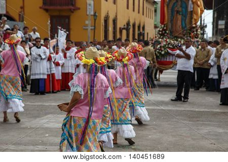 Leon Nicaragua  December 12 2015 Aborigen dancers in typical dress celebrating on the street