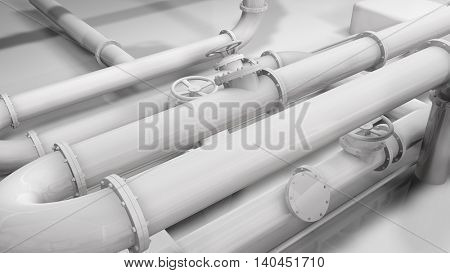 Photo realistic 3D glossy white pipes and control wheels in a pipes structure. Generic industry, technology and engineering background. 3D rendering.
