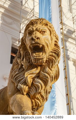 Stone statue of lion guarding Leon Cathedral Nicaragua