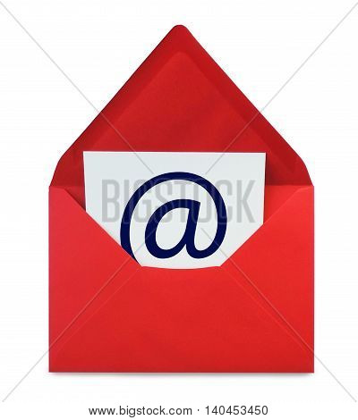 E-Mail, red envelope with web adress symbol, isolated on white.