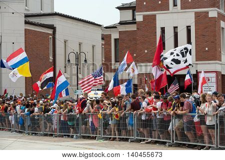 CRACOW POLAND - JULY 26 2016: World Youth Day 2016 - Pilgrims in The centre of Pope John Paul II Lagiewniki. Cracow Poland