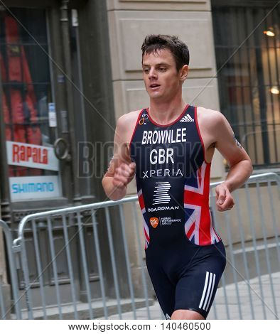 STOCKHOLM - JUL 02 2016: Front view of running triathlete Jonathan Brownlee in the Men's ITU World Triathlon series event July 02 2016 in Stockholm Sweden