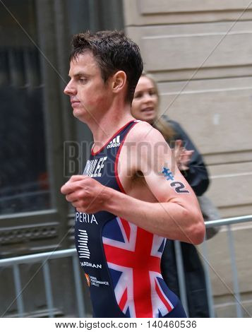 STOCKHOLM - JUL 02 2016: Side view of running triathlete Jonathan Brownlee in the Men's ITU World Triathlon series event July 02 2016 in Stockholm Sweden