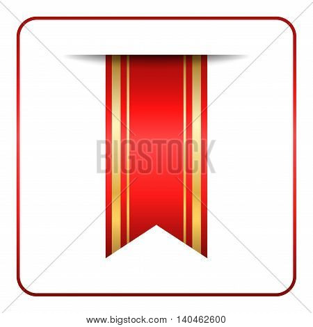 Red and gold bookmark banner. Vertical book mark isolated on white background. Color tag label. Flag symbol sign. Design element blank. Empty sticker for sale. Template icon. Vector illustration