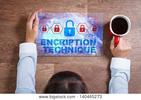 Business, Technology, Internet And Network Concept. Young Business Woman With A Cup Of Coffee, Worki