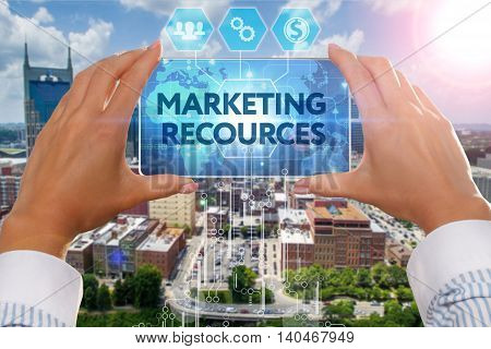 The Girl Looks At A Virtual Screen Of Your Smartphone And See The Inscription : Marketing Recources