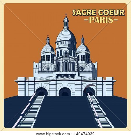 Vintage poster of Sacre Coeur in Paris, famous monument of France. Vector illustration