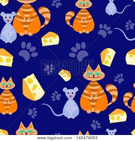 seamless pattern The cat dreams of mice, and she is about cheeseon a Blue background. Vector illustration for children. Can be used for fabric, textile, wrapping paper.