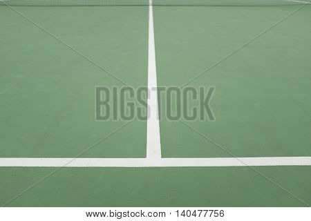 Lines of tennis court and net in background.