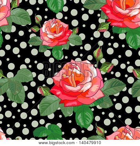 Bright seamless pattern with roses, buds and leaves on a blac background with circles.Vector illustration.