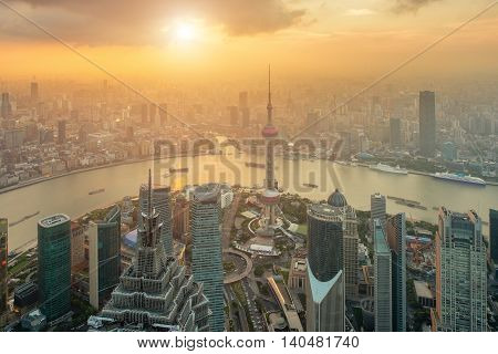 Aerial view of Shanghai skyline at Lujiazui Pudong central business center in Shanghai China.
