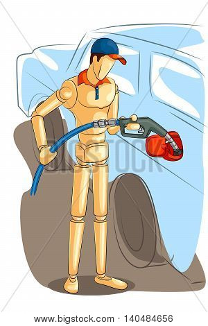 Wooden human mannequin Man fueling car with hos pipe. Vector illustration