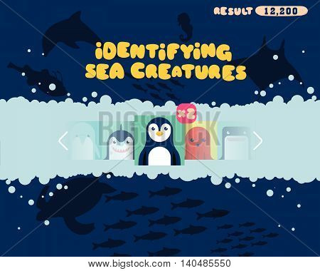 Sea Creatures Identification games interface design in vector
