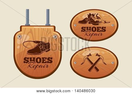 Vector illustration of advertisement wood panels for shoes repair workshop. Picture isolate on light background