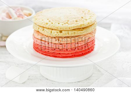 Delicious colorful pancakes for breakfast selective focus