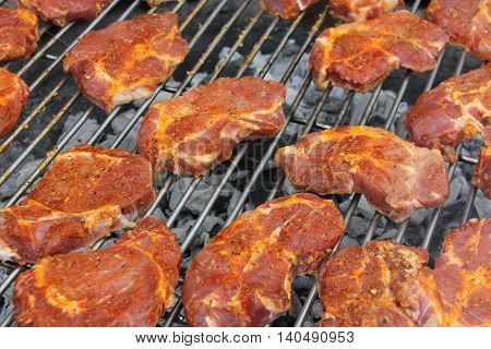 Looking over a charcoal grill with grilled meat