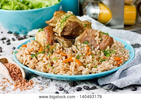 Pilaf with lamb and spices selective focus