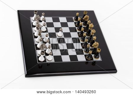 Black Board on a white background. Classic black and white pieces with metal heads. Game debut.
