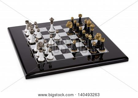 Black Board on a white background. Classic black and white pieces with metal heads. Game debut.