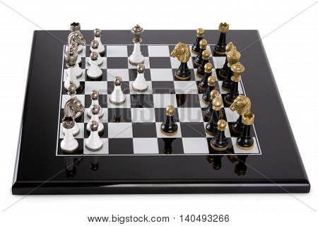 Black Board on a white background. Classic black and white pieces with metal heads. Game debut.
