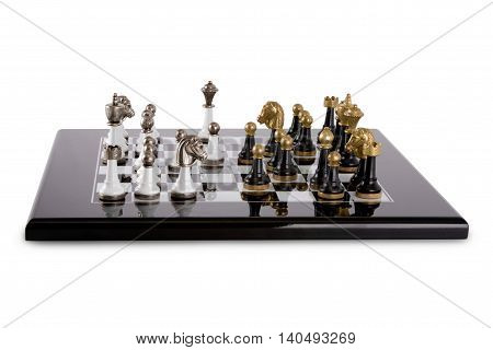 Black Board on a white background. Classic black and white pieces with metal heads. Game debut.