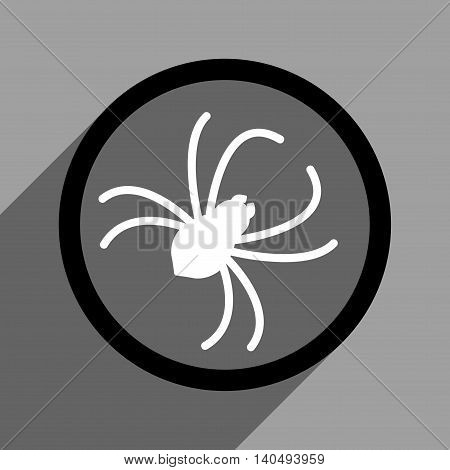 Spider long shadow glyph icon. Style is a flat black and white symbol on a gray square background. Dark-gray shadow is directed to left-down.