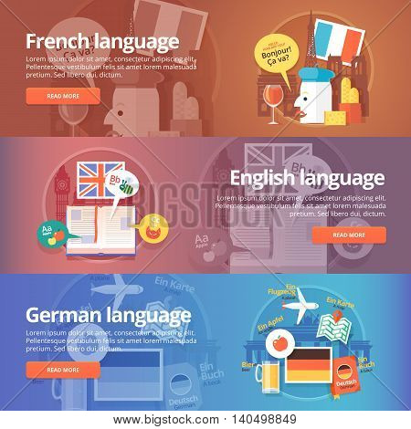 Foreign languages learning banner set. Design illustration for French, English and German language. Colorful vector flat concepts horizontal layout.