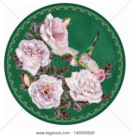 Garland of pale pink and pastel roses. Little bright bird hummingbird in flight circle round shape painting.