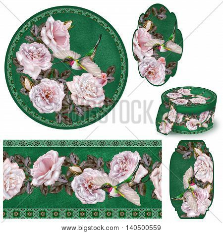 Set for packaging. Box round. Label. decoupage. Floral background. Flower border. Pattern. Mosaic. Garland of pale pink and pastel roses. Little bright bird hummingbird in flight.