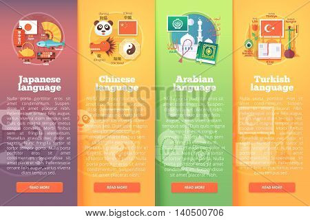 Vertical banners set of foreign language schools. Flat vector colorful illustration concepts of Japanese, Chinese, Arabian Turkish languages. For brochure, booklet, print and web materials.