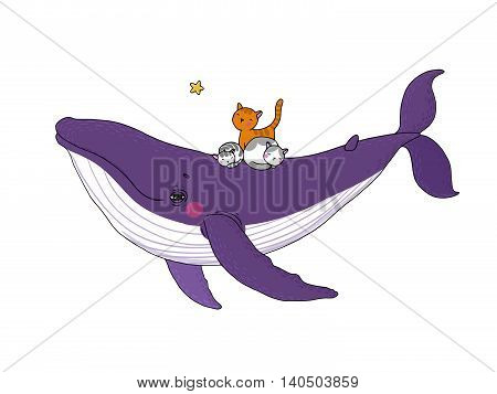 Big beautiful pink whale and three cute little gray kitten. Hand drawing isolated objects on white background. Vector illustration.