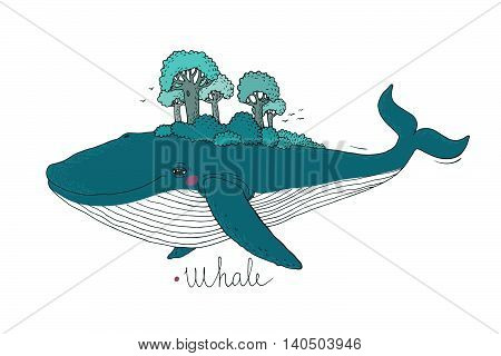 Big beautiful whale to the wood on the back. Hand drawing isolated objects on white background. Vector illustration. Animal in the sea and ocean.