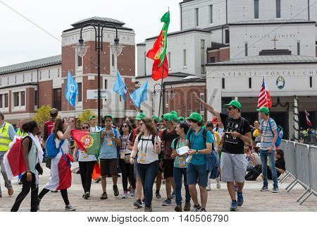 CRACOW POLAND - JULY 26 2016: World Youth Day 2016 - Pilgrims in The centre of Pope John Paul II Lagiewniki. Cracow Poland