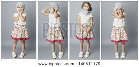 Collection of small girl posing with grey hat inside sudio