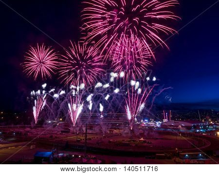 CALGARY, CANADA - JULY 8: Fireworks at the the Calgary Stampede at sunset on July 8, 2016 in Calgary, Alberta. The Calgary Stampede is often called the greatest outdoor show on Earth.