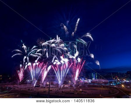 CALGARY, CANADA - JULY 8: Fireworks at the the Calgary Stampede at sunset on July 8, 2016 in Calgary, Alberta. The Calgary Stampede is often called the greatest outdoor show on Earth.