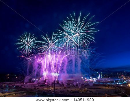 CALGARY, CANADA - JULY 8: Fireworks at the the Calgary Stampede at sunset on July 8, 2016 in Calgary, Alberta. The Calgary Stampede is often called the greatest outdoor show on Earth.